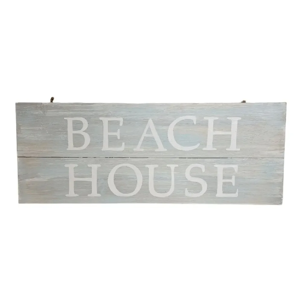 BEACH HOUSE Wooden Wall Plaque Blue Whited Washed